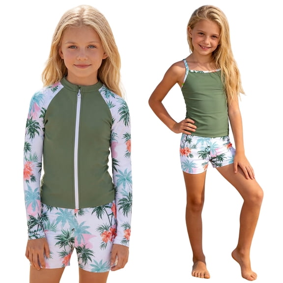 BOOMNY Toddler Baby Girls One Peice Swimsuits Long Sleeve Rash Guard for Kids Hawaiian Graphic Lightweight Summer Vacation Beach Swimwear