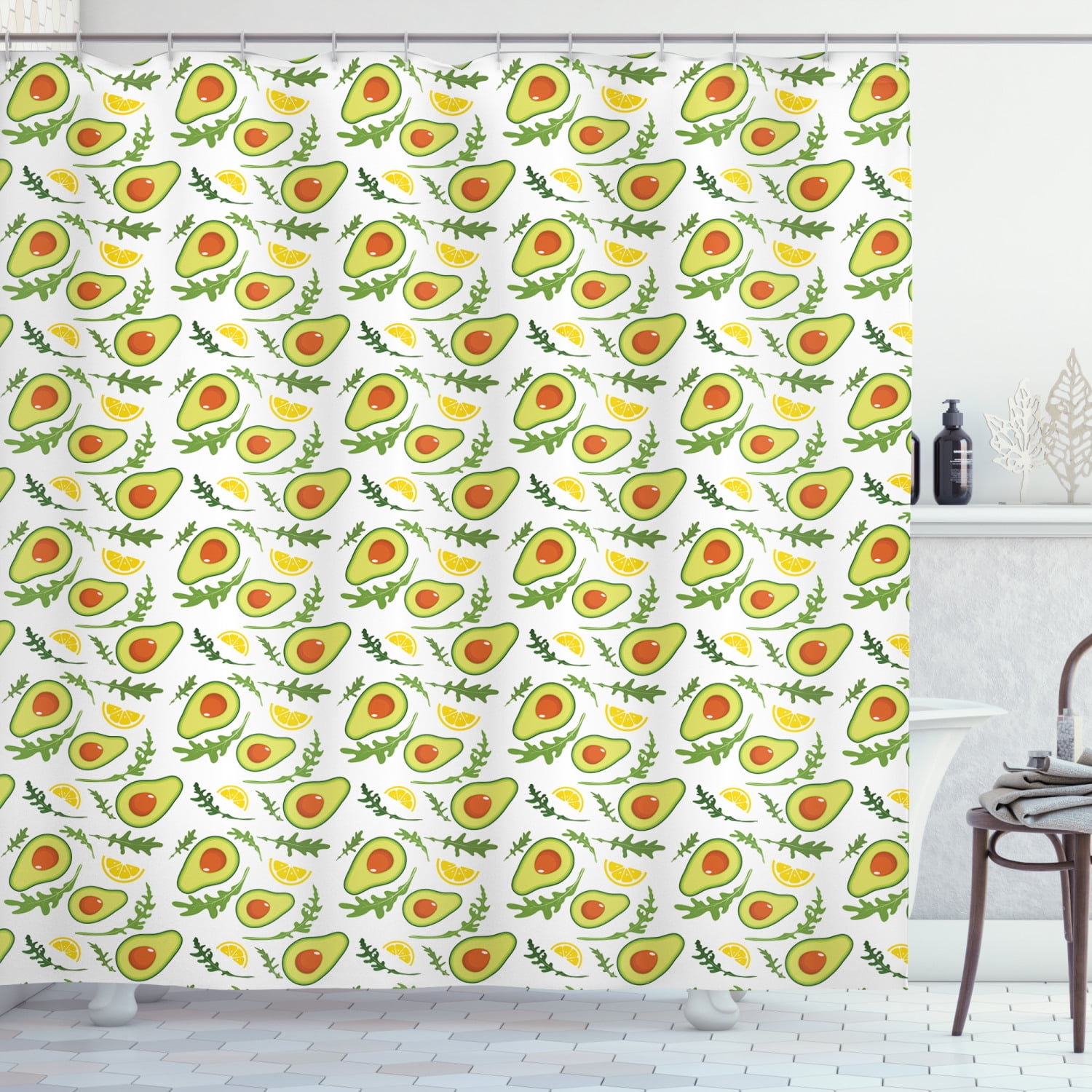 Fruits Shower Curtain, Sliced Avocado and Lemon with Leaves Harvest