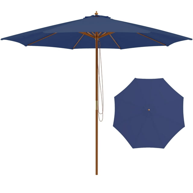 Gymax 10FT Wooden Market Table Umbrella Pulley Sunshade Canopy w/8 Bamboo Ribs Navy