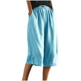 thumbnail image 4 of YUGYXL Womens Cotton Linen Capri Pants Button Up Stretch Waist Capris with Pockets Summer Wide Leg Pants Holiday Lounge Pants Sky Blue S, 4 of 9