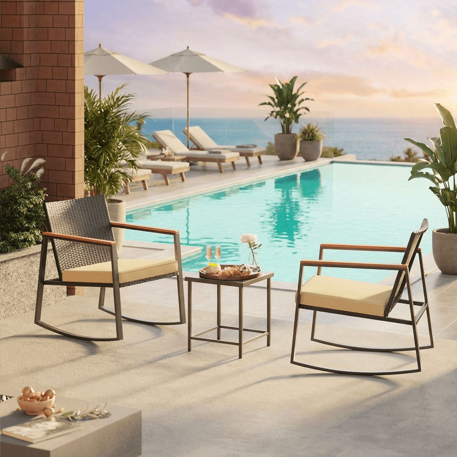 Aiho 3-Piece Wicker Patio Set with Rocking Chairs & Coffee Table - Outdoor Garden, Beige