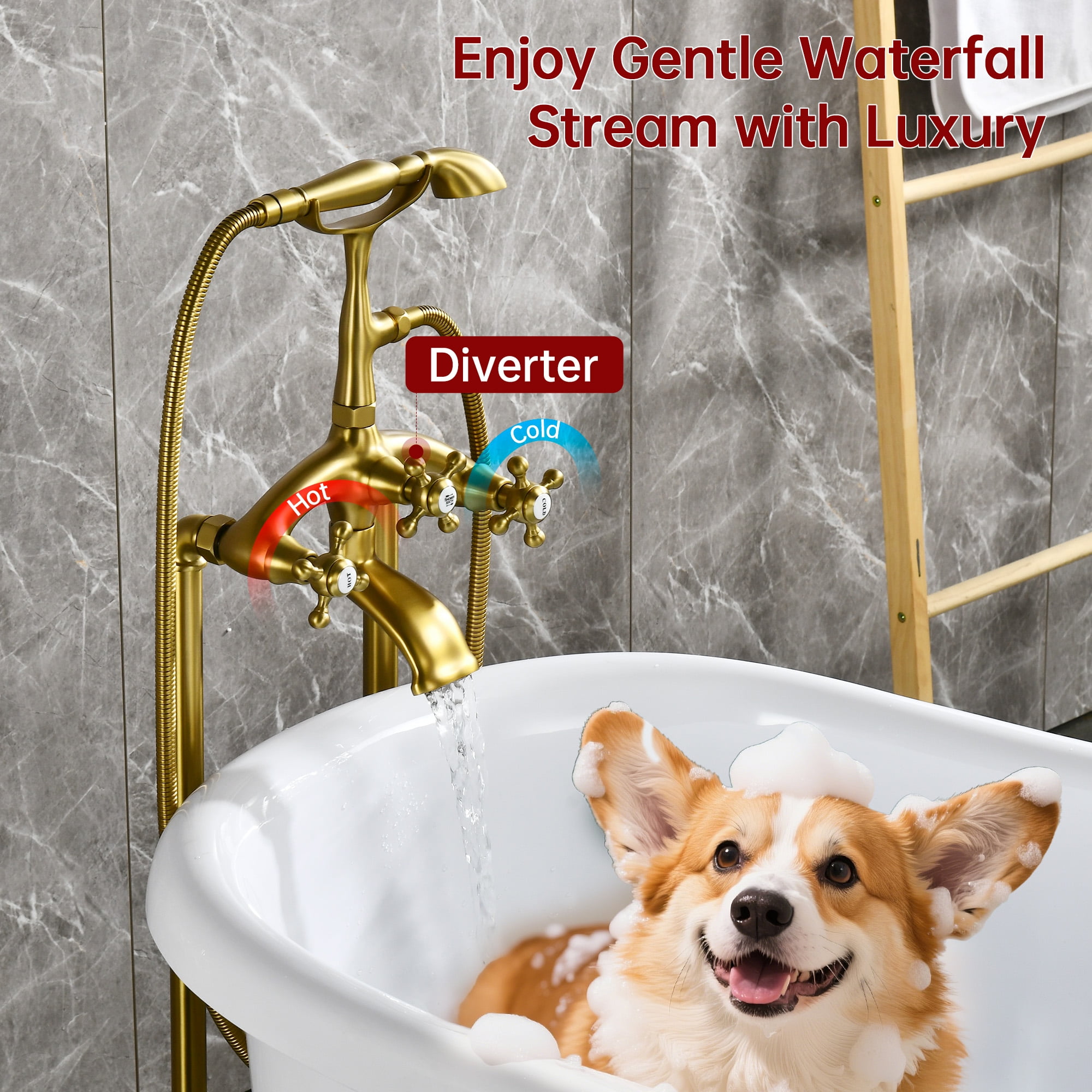 SUMERAIN Brushed Gold Freestanding Bathtub Faucet with Handheld Shower, High-Flow Waterfall Floor Mount Tub Filler, Solid Brass