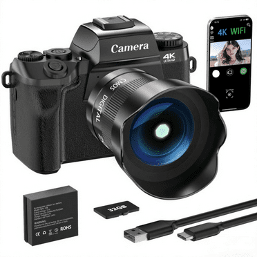 Saneen Digital Camera for Photography 4k 64MP WiFi 4.0'' Touch Screen Dual Lens Vologging Cameras for YouTube with 32GB SD Card 3000mAH Battery Black