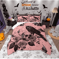 Manfei Gothic Black Crow Bedding Comforter Set for Kids, Halloween Skeleton Skull Twin Comforter Sets, Romantic Flower Reversible Bedding Set, Lightweight Room Decor, 2-Piece