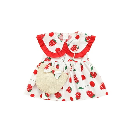 

TheFound Infant Baby Girls Summer Dress 3 Colors Cartoon Strawberry Printed Sleeveless Ruffled A-Line Dress With Bag