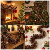 33Ft Christmas Tinsel Garland, Metallic Red & Green Mixed Twist Garland, 10M Extra Long Chunky Fringe Streamers for Christmas Tree, Mantel, Staircase, Holiday Party Decoration