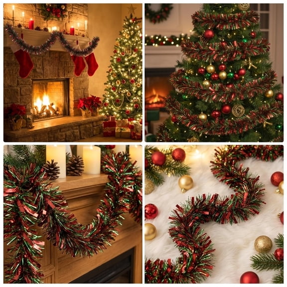 33Ft Christmas Tinsel Garland, Metallic Red & Green Mixed Twist Garland, 10M Extra Long Chunky Fringe Streamers for Christmas Tree, Mantel, Staircase, Holiday Party Decoration