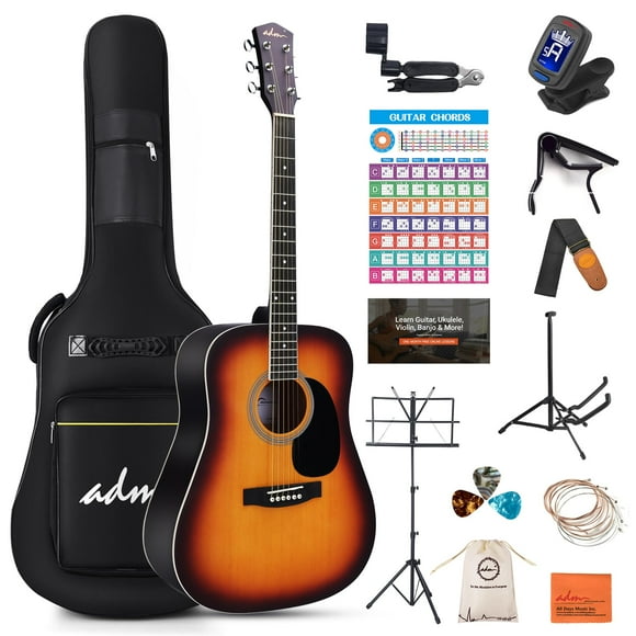 ADM Dreadnought Kit de guitarra acústica con lección gratuita para principiantes, adultos, adolescentes, tamaño completo, guitarra acústica, juego de iniciación con bolsa, correa, afinador, capo, golp