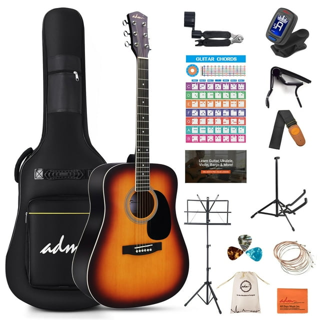 ADM Dreadnought Kit de guitarra acústica con lección gratuita para principiantes, adultos, adolescentes, tamaño completo, guitarra acústica, juego de iniciación con bolsa, correa, afinador, capo, golp