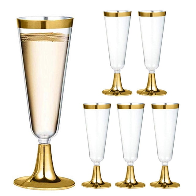 6 Pack 5 Oz Clear Plastic Champagne Flutes with Gold Rim Disposable Wine Cups-gold-