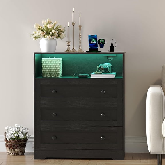Small Dresser for Bedroom Closet Bedside with 3 Drawers, Wooden Dressers with Charging Station and LED Lights, Wood Chest of Drawers for Living Room, Hallway, 15.7" D x 31.5" W x 37.2" H