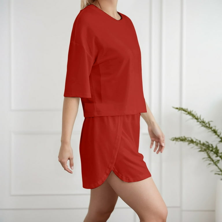 knee length dresses for ladies Matching Red Top and Grey Shorts Night Wear Set for Girls – Stilento main image 0