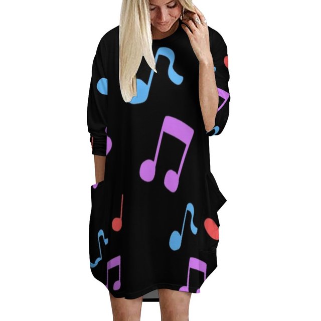 Playful Notes Print Shirt Dress Autumn Winter Female Dress Long Sleeve Dress Note Clef Melody Music Notes Rhythm Treble Note