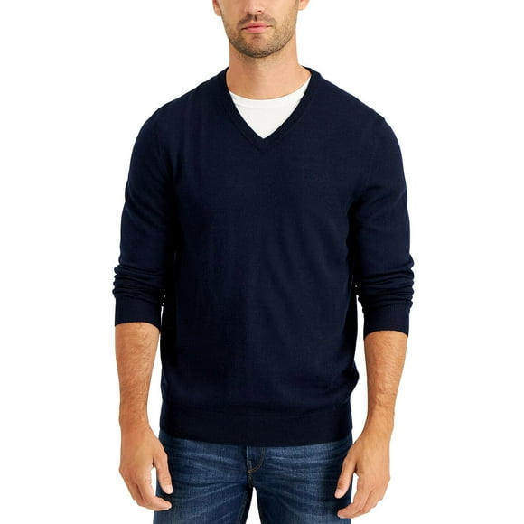 Club Room Men’s Solid V-Neck Merino Wool Blend Sweater, Navy Blue, XX-Large