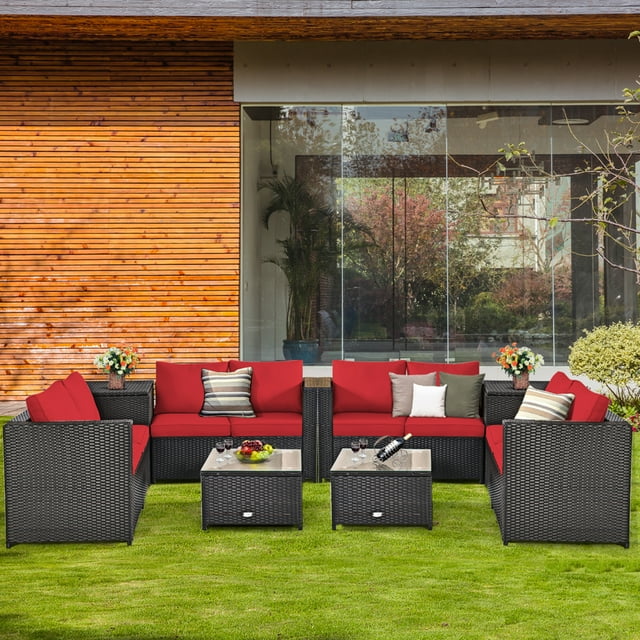 Gymax Ensemble de Conversation de Patio en Rotin Rembourré 8 Pcs avec Table d'Appoint Coussin Rouge