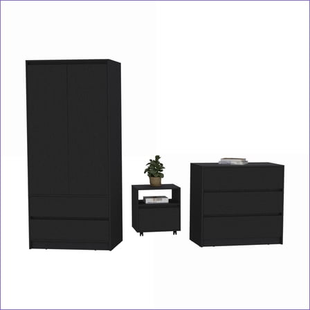 3 Piece Bedroom Set - Nightstand, Dresser, Armoire | Black | Engineered Wood