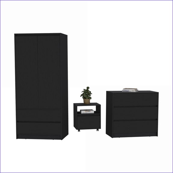 3 Piece Bedroom Set - Nightstand, Dresser, Armoire | Black | Engineered Wood