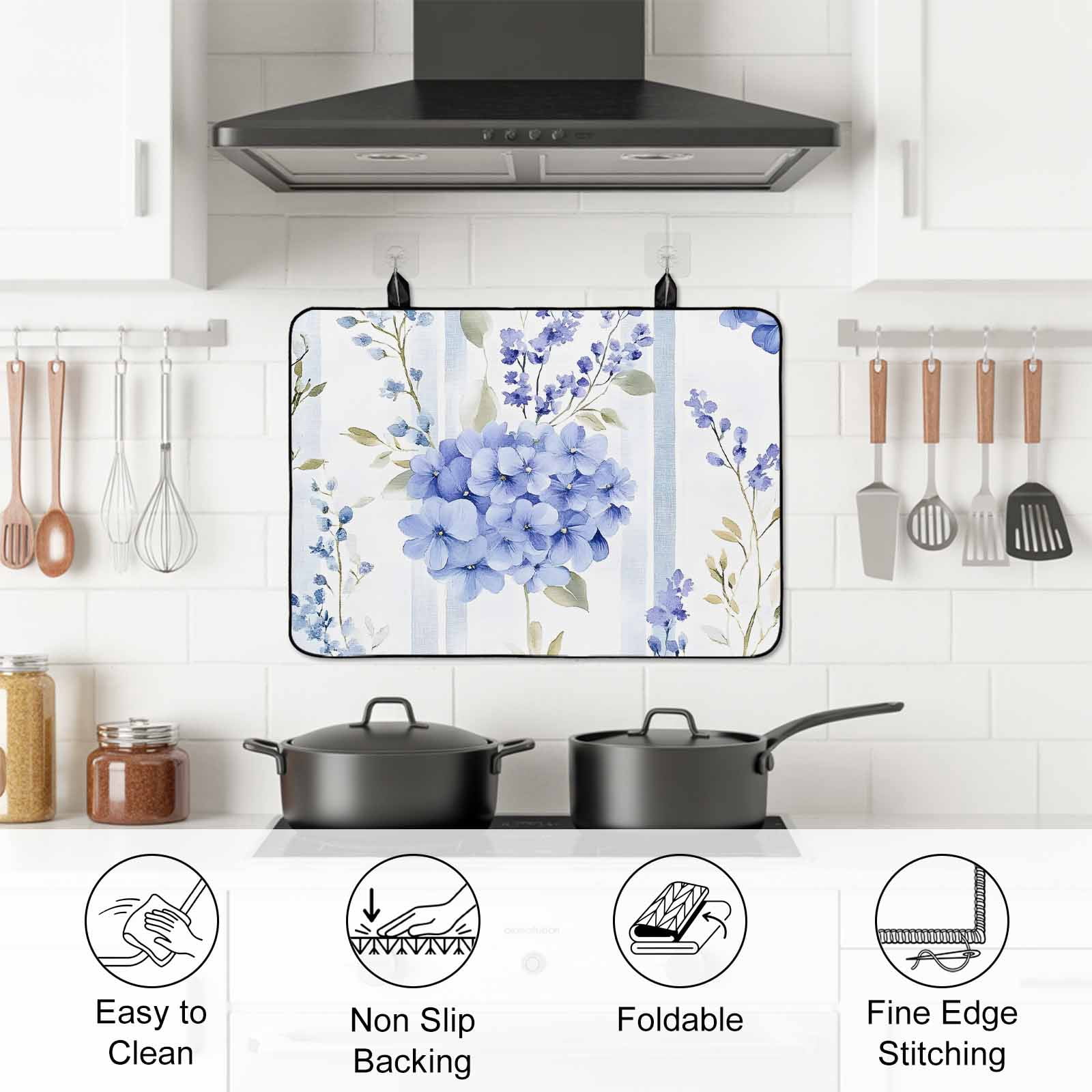 Purple Hydrangea Stove Top Cover for Electric Stove, Heat-proof & Non Slip Glass Top Stove Cover Protector, Stripe Botanical Vintage Kitchen Flat Cooktop Rubber Mat 24x21 Inches