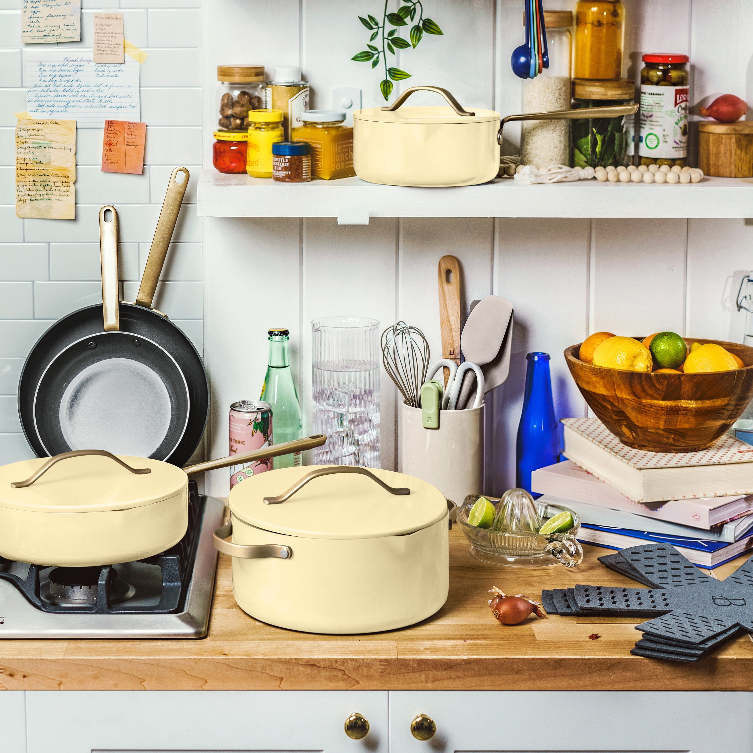 Beautiful 12-Piece Ceramic Nonstick Cookware Set, Pots and Pans with Strainer Lids, Buttercream by Drew Barrymore
