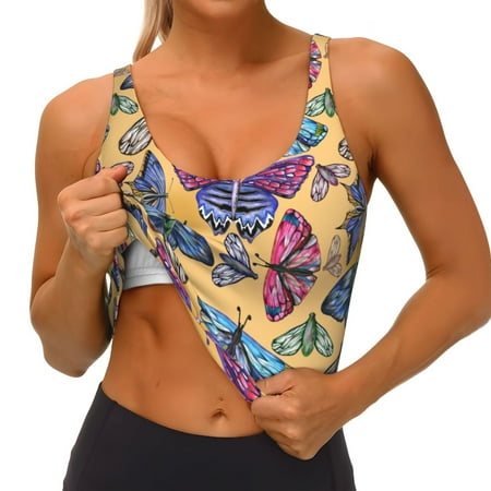 Qokaie Butterfly 3 Pattern Womens Scoop Neck Sports Bra Breathable Workout Vest Padded U Back Medium Impact Fitness Gym Yoga Bra Workout Crop Top