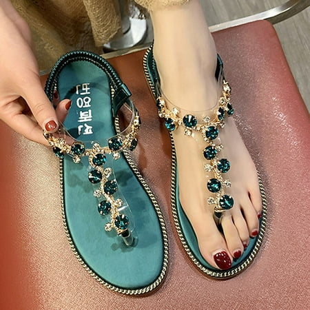

HIMIWAY Sandals Women Womens Sandals Women Thong Sandals T-Type Open Toe Rhinestone Flat Bottom Roman Sandals Shoes Green 39