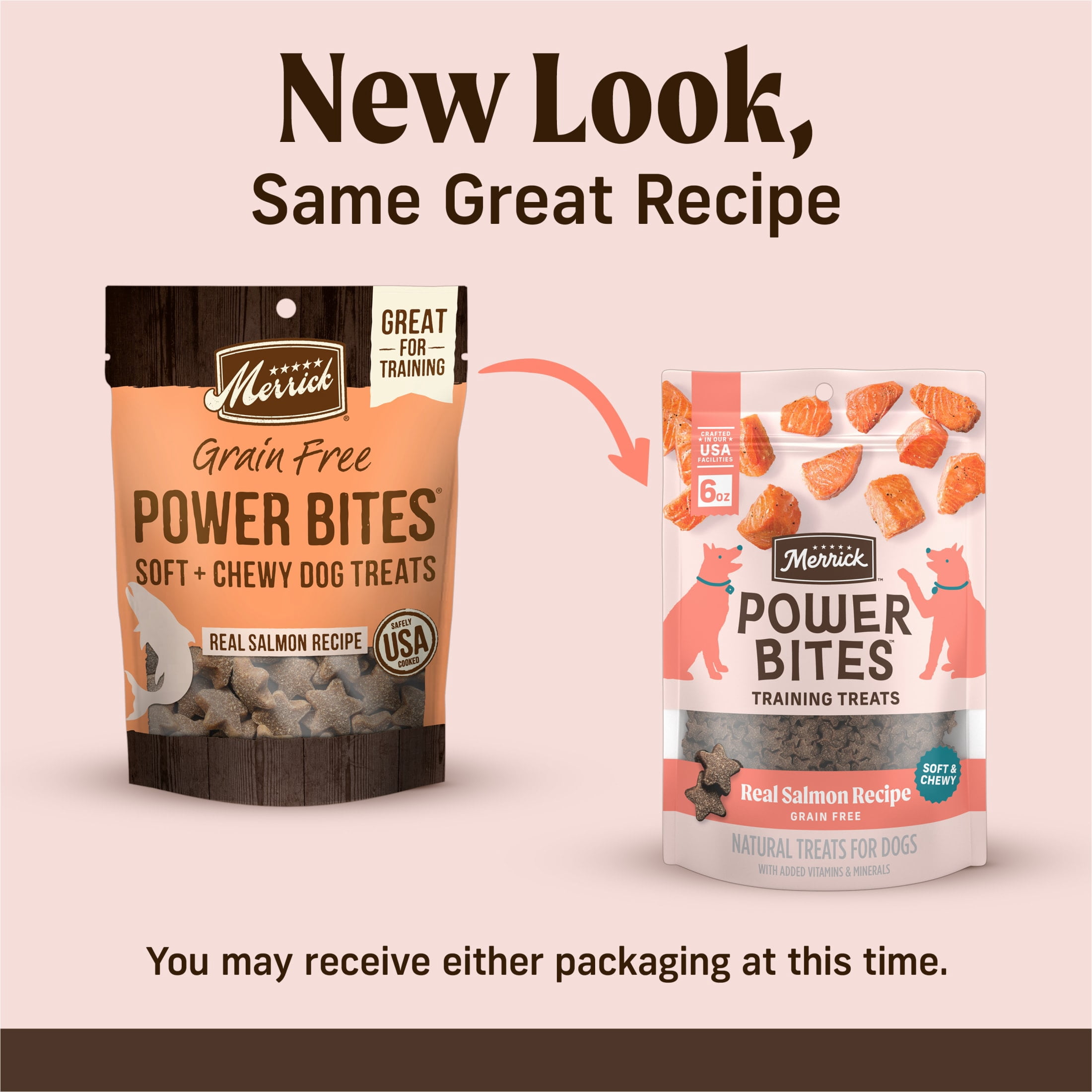 Merrick Power Bites Natural Soft And Chewy Real Meat Dog Treats, Grain Free Snack With Real Salmon Recipe, 6 oz. Bag