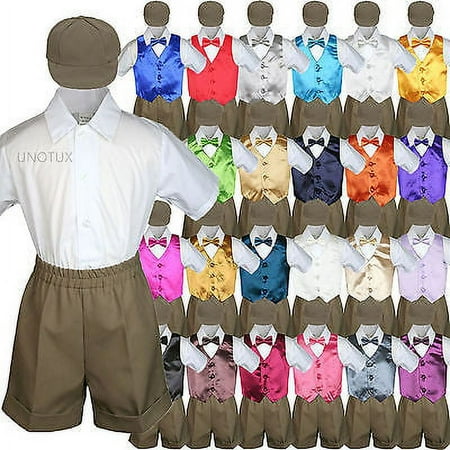 

Dark Taupe Boy Toddler Formal Vest Shorts Suit Satin Vest Bow Tie Hat 5PC Set