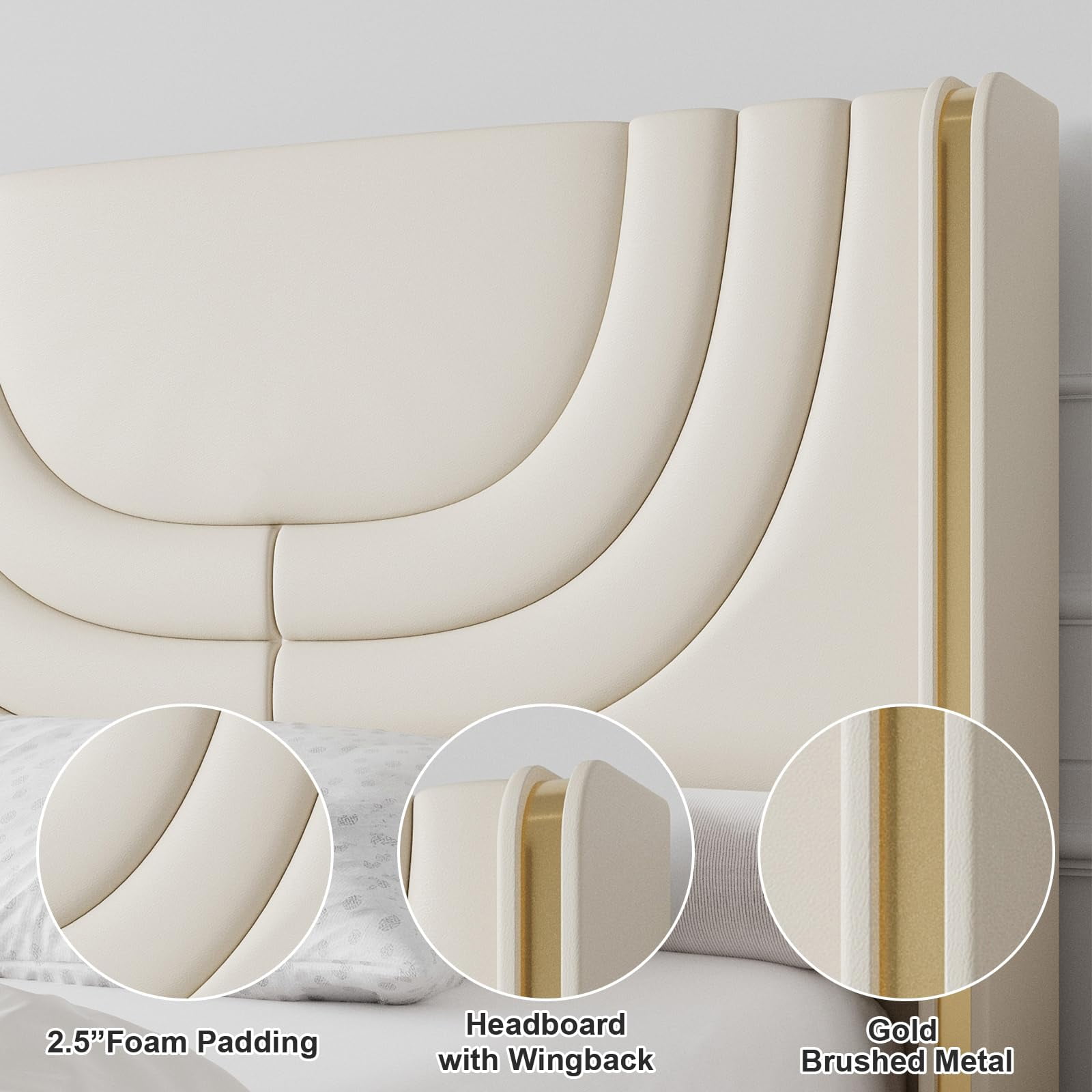 4 EVER WINNER Queen Size LED Bed Frame, Upholstered Platform Bed with LED Light Headboard, Beige Queen Bed Frame, Beige