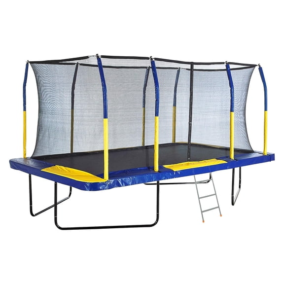 Plexalife 9' X 15' Gymnastics Style, Rectangular Trampoline Set with Premium Top-Ring Enclosure System - Blue/Yellow with Bonus 3-Step Ladder