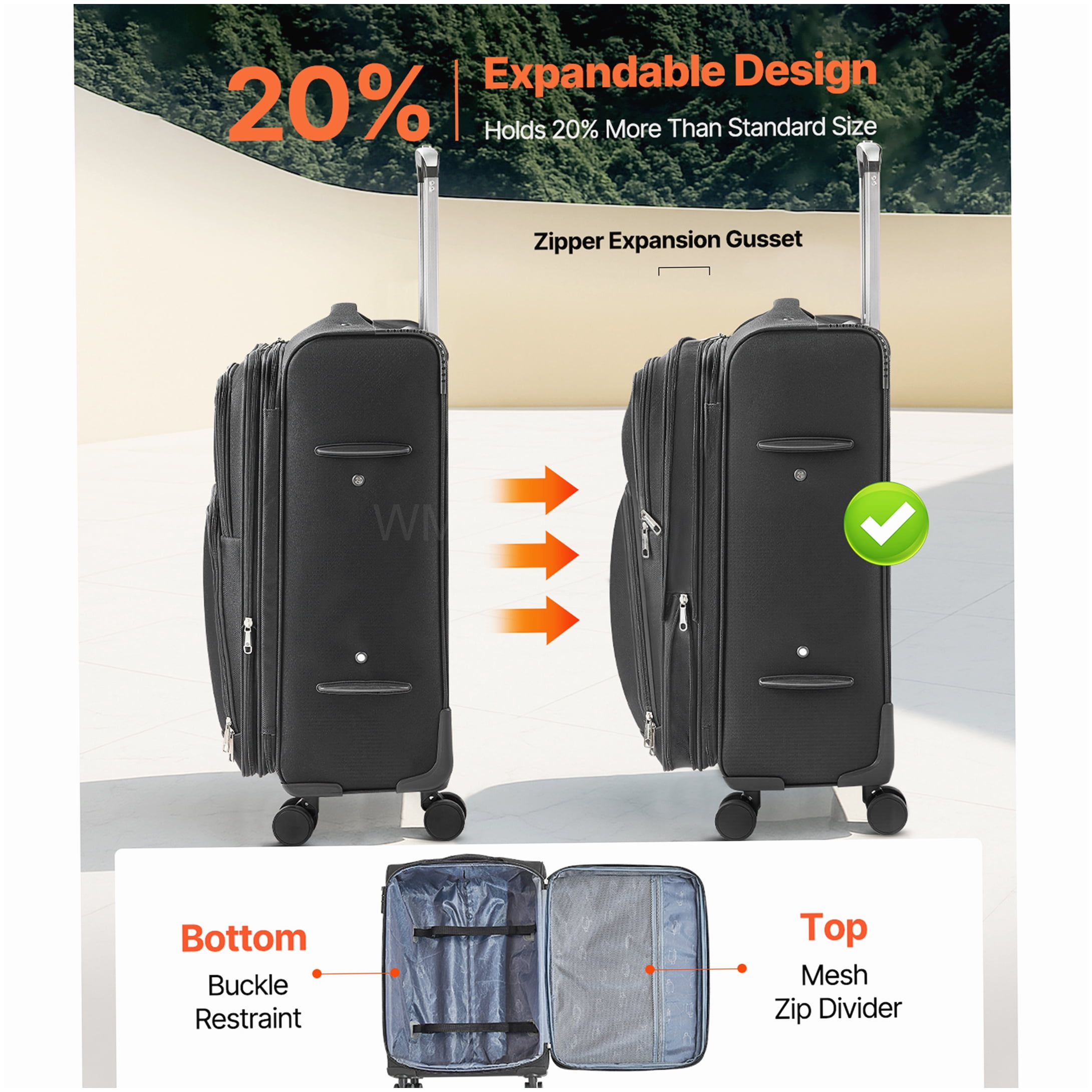 MANGIJOY Large Capacity 24 Inch Expandable Spinner Suitcase - Black Check-In Luggage with TSA Lock