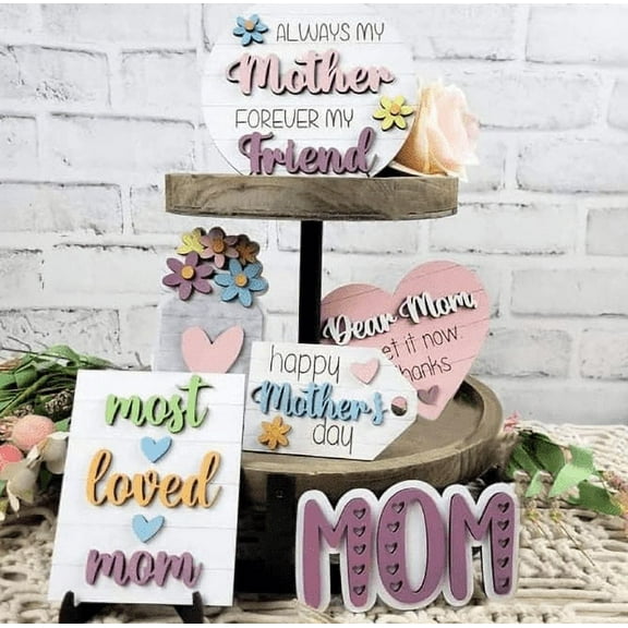 Mothers Day Gifts Clearance! Mothers Day Tiered Tray Decor Wood Mom Love Heart Sign Ornaments Table Centerpieces Spring Rustic Farmhouse Wooden Decorations Great Mothers Day Mom From Kitchen Dec