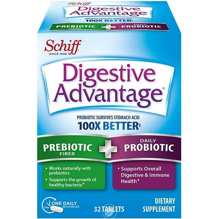 (4 Pack) Daily Prebiotic Fiber + Probiotic Capsule - Digestive Advantage 32 Capsules, Survives 100x Better than regular 50 billion CFU, Lessens Bloating, Promotes Digestive Health and Gut Flora