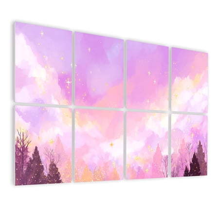 8 Pack Art Acoustic Panels Sound Absorbing Watercolor Sky Scene Pink Clouds Sparkling Decorative Soundproof Wall Panels Self Adhesive for Nursery Game Room Girls Bedroom 48 x32
