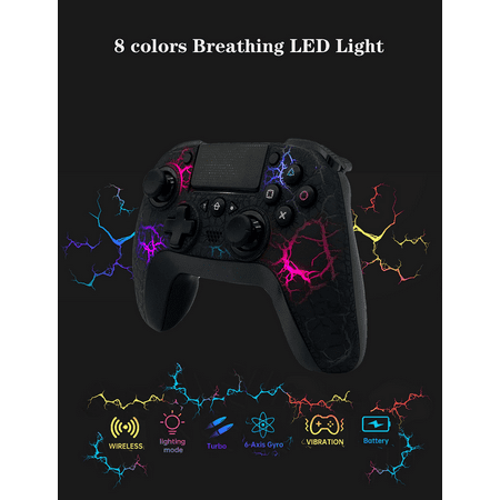 UHM Wireless Controller for P4, Wireless Remote Gamepad with Unique Cracked Design/8 Adjustable LED Colors/Programmable Back Buttons/Super Turbo/Gyro/Dual Vibration for P4/P3/PC,Black
