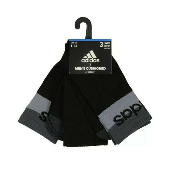 3 Pair Adidas Cushioned Crew Socks, Men's Shoe Size 6-12, Gift, Gray Black