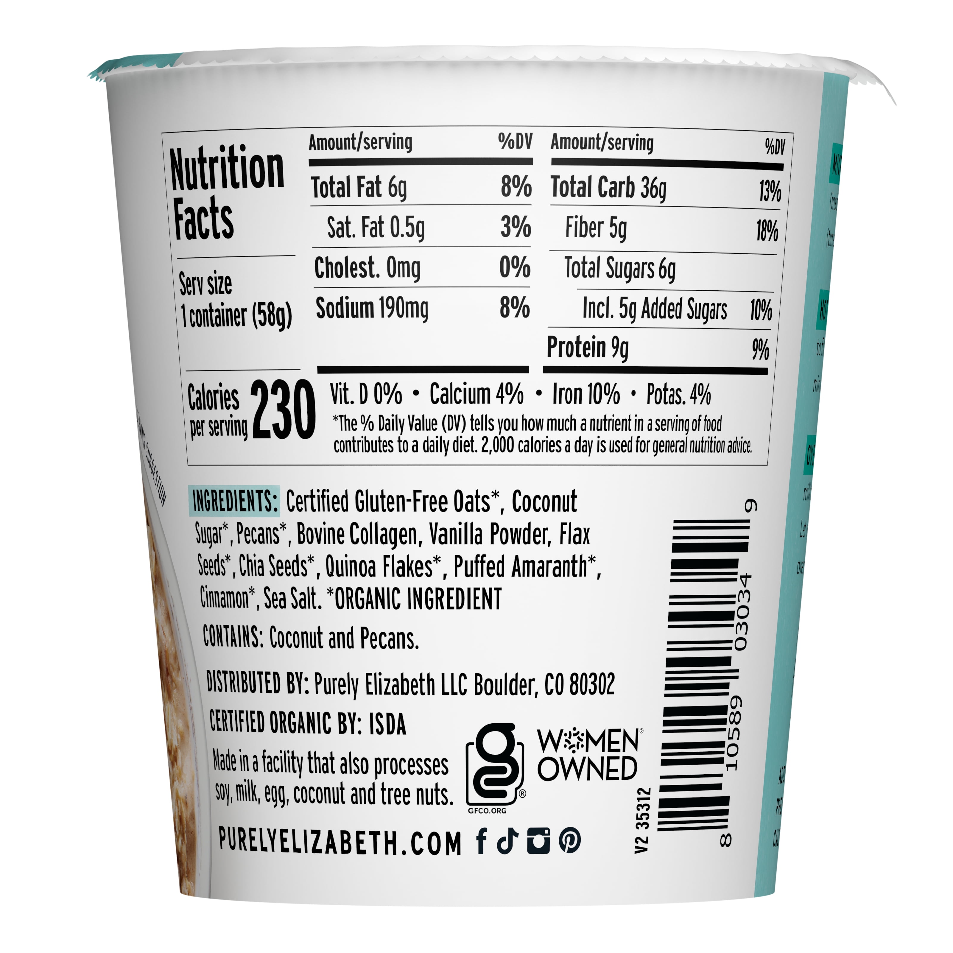 (4 pack) Purely Elizabeth Gluten-Free Superfood Oatmeal, Vanilla Pecan, 2 oz Cup
