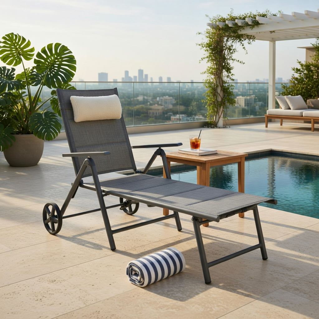 Hommoo Adjustable Aluminum Patio Chaise Lounge Chair with Neck Pillow, 7-Position Reclining, All-Weather Fabric, Rolling Wheels & Foldable Design, Gray