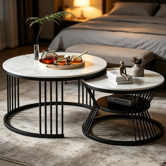 Living Room Nesting Coffee Table Two Round Table White Marble Tabletop Black Slat Metal Frame Space Efficient Furniture