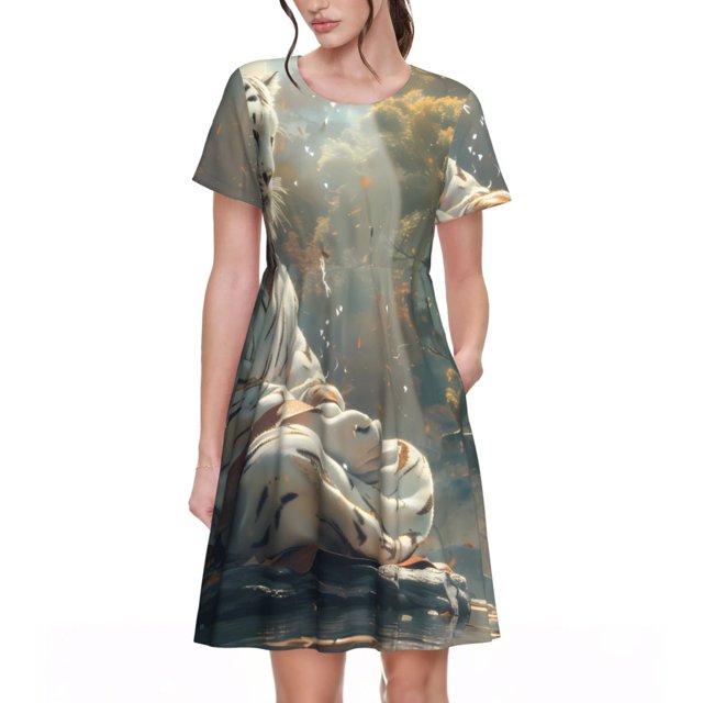 Disketp Forest Meditating White Tiger para Vestido de Manga Corta para Mujeres, Vestidos de Verano para Mujeres, Casual y Holgado para la Playa