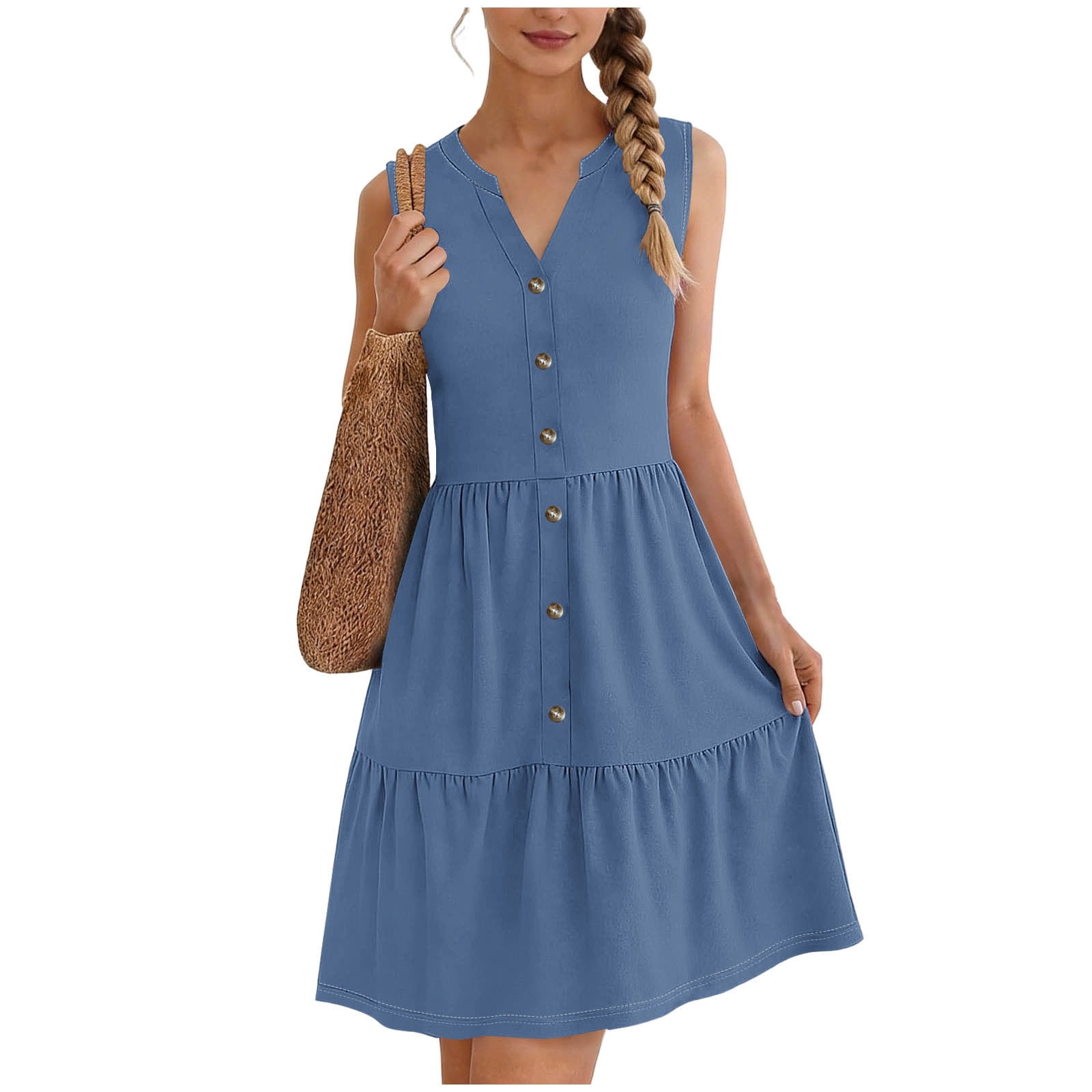 Oplxuo Summer Dresses for Women V Neck Sleeveless Sundresses Button Down Casual Dresses Ruffled Hem Midi Dress for Beach
