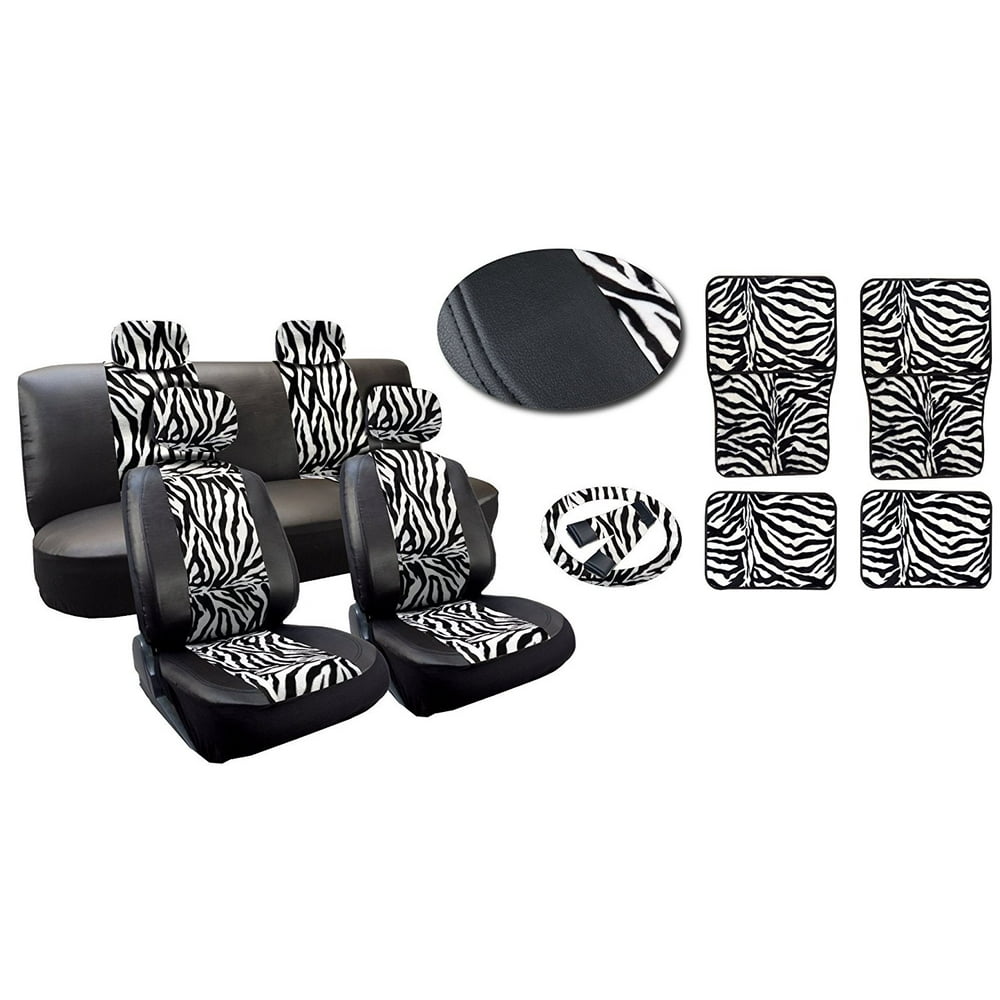 17 Piece Zebra Stripes Full Car Seat Cover Set Premium Synthetic