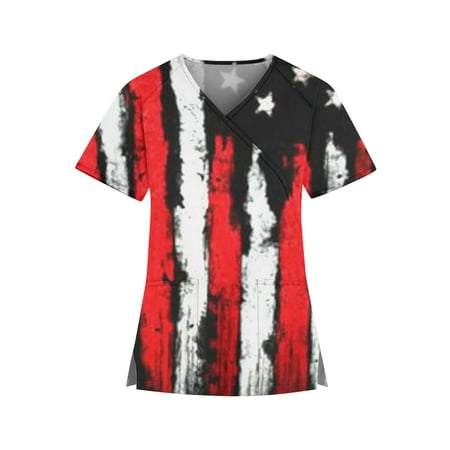 

Yubatuo Independence Day Women Plus Size Scrubs Top with Pockets V-Neck Short Sleeve Printed Work Blouse for Women Black S