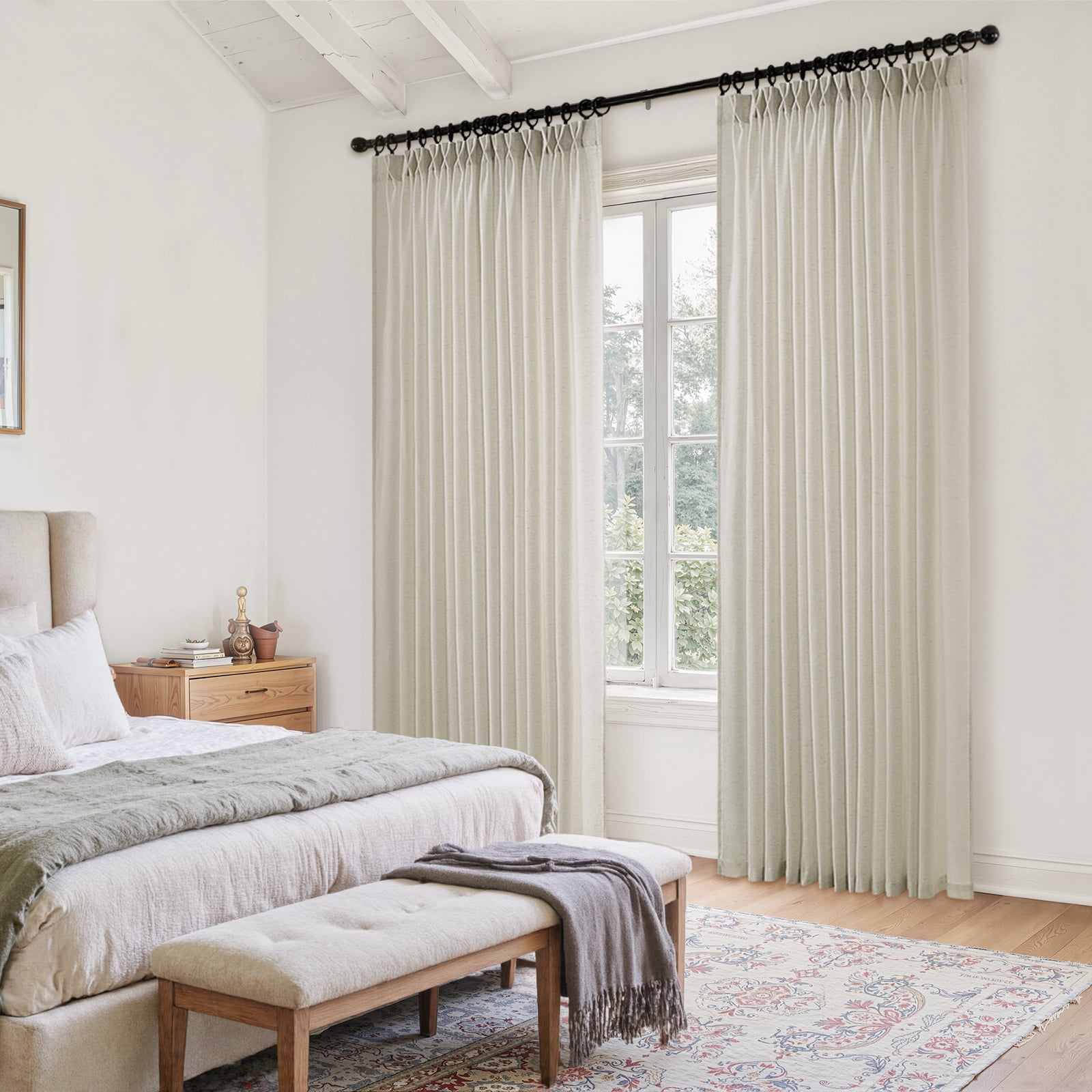 Jainmy Pinch Pleated Linen Curtains, Boho Light Filtering Living Room Bedroom Curtain,Window Treatments with Hook,Natural Linen, 40x94 inch, 2 Panels