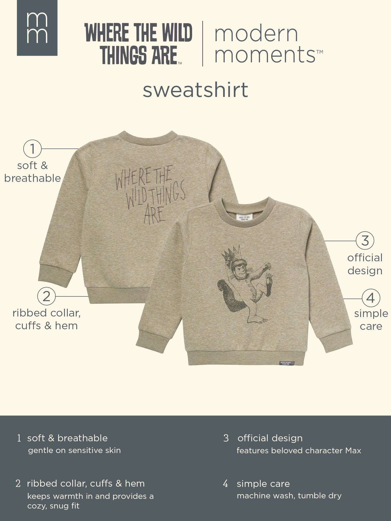 Modern Moments x Where the Wild Things Are Baby and Toddler Neutral Sweatshirt, Sizes 0/3 Months - 5T