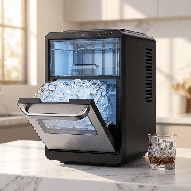 Countertop Crescent Ice Maker with Clear Slow-Melting Ice, Adjustable Ice Thickness, Timer Function, Self-Cleaning Ice Machine, Makes 16 Cubes in 15 Minutes, Up to 22 lbs Per Day