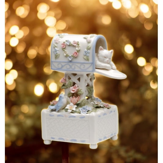 Cosmos SA49117 Fine Porcelain Kitten in Mailbox Musical Figurine, 7-Inch , White