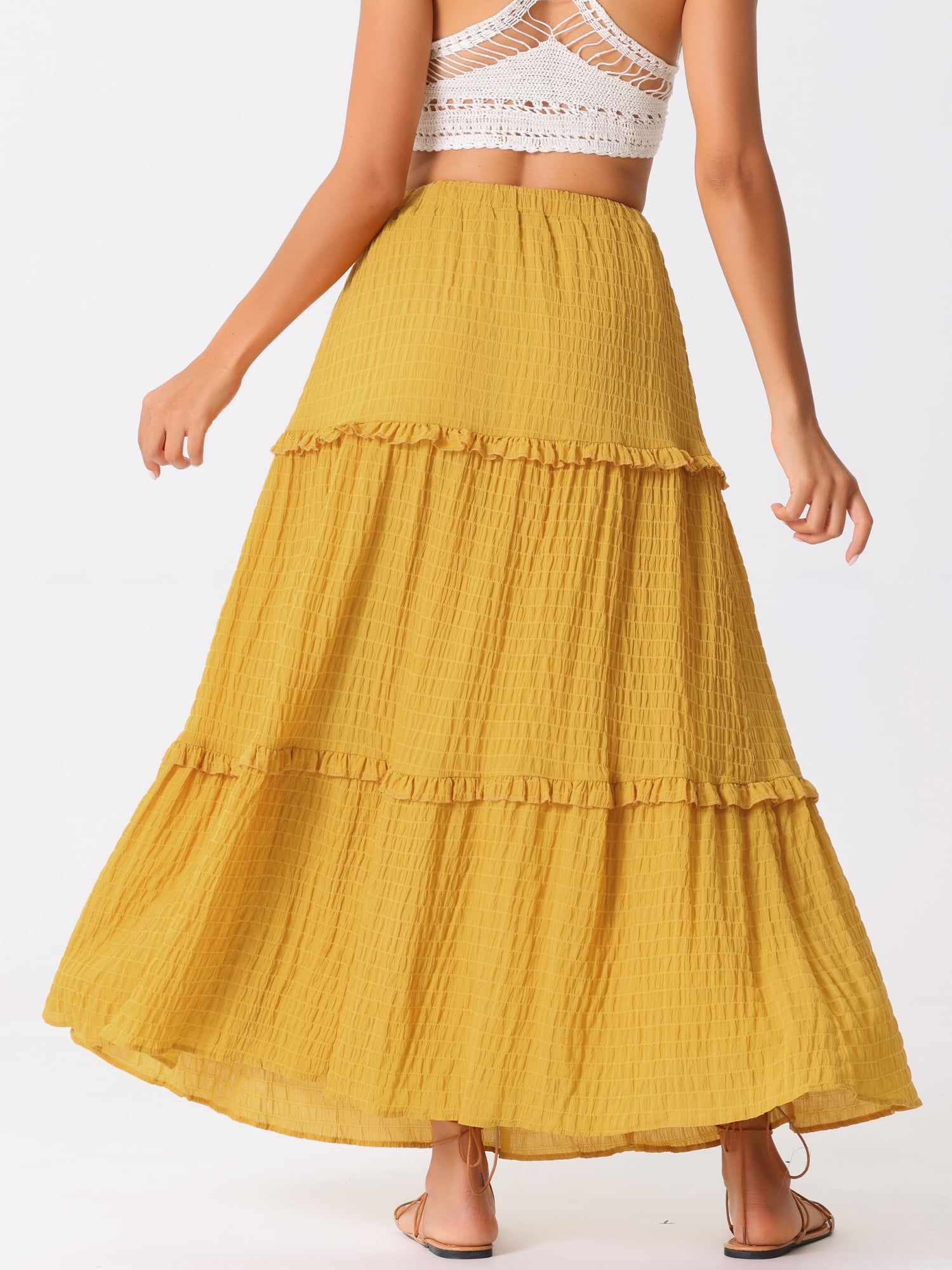 DARING DIVA Women's Ruffle Swing Skirts Beach Tiered Long Maxi Skirt XL Yellow