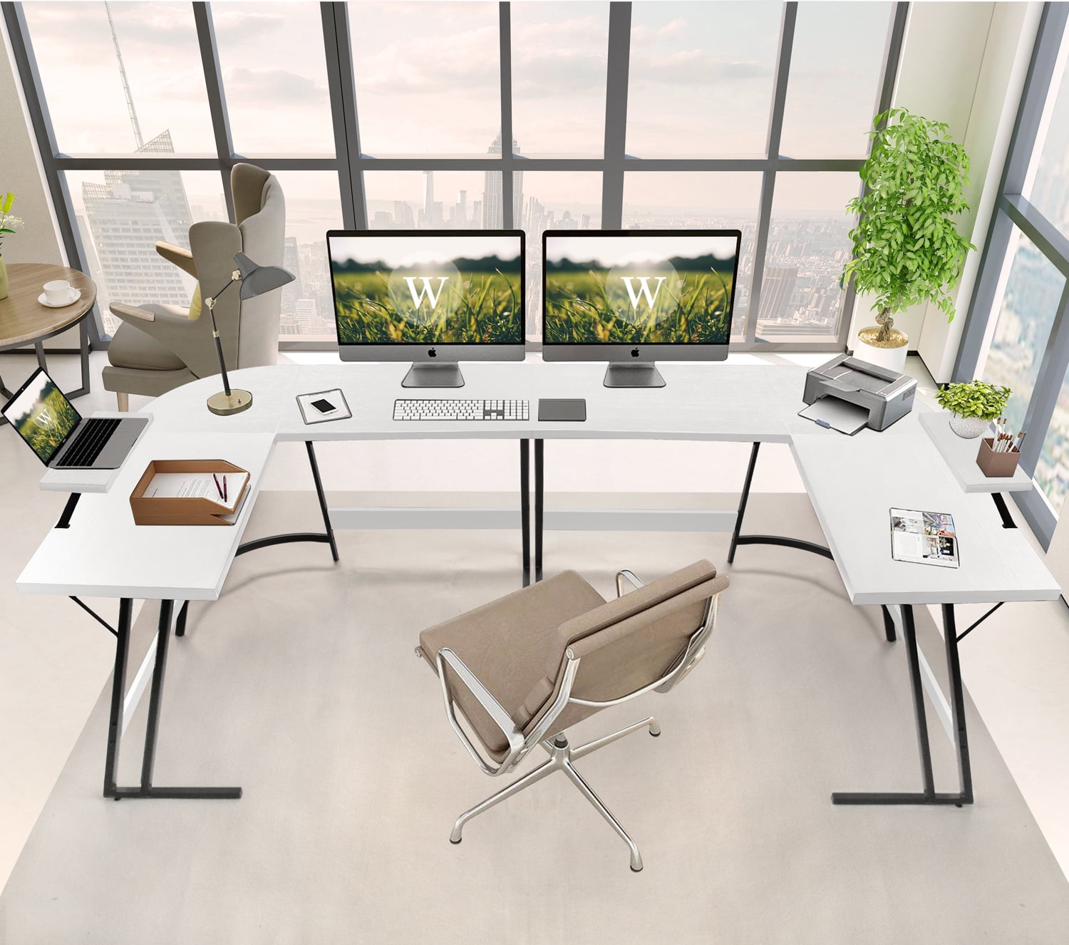 Lacoo Home Office Writing Desk Modern L-Shape Computer Desk, White