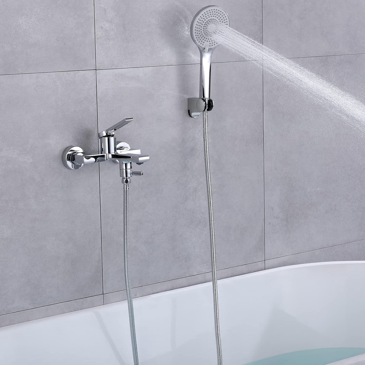 Chrome Tub Filler Faucet with Handheld Shower Head, Modern Brass Wall-Mount Bath Tub Filler Faucet High Flow Bathtub Faucet with Shower Diverter