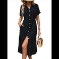 thumbnail image 1 of Vestido de Verano para Mujer, de Color Liso, Informal, de Corta, con Botones y Cuello en V, con Bolsillos. Negro L, 1 of 10